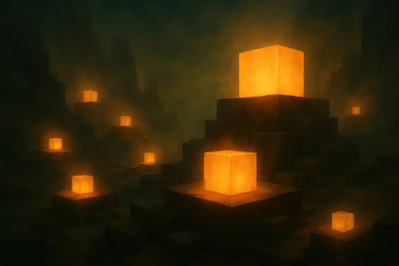 A dark, misty environment with tiered platforms and glowing orange cubes. The cubes emit a soft, warm light that illuminates the surrounding fog and the geometric shapes of the platforms. The scene has a mystical and ethereal quality, with a sense of depth and mystery.の素材