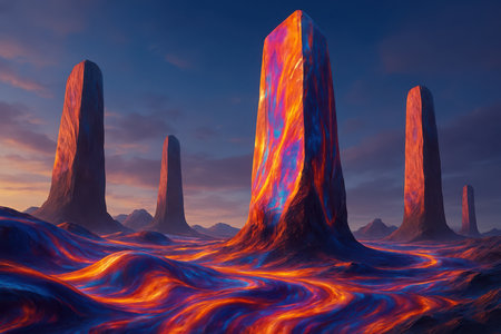 A surreal fantasy landscape features several towering, monolithic obelisks. The ground is covered in flowing molten material with vibrant streaks of orange, yellow, and blue, resembling lava. The sky is a deep blue with wispy clouds tinged with sunset colors.の素材