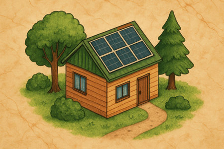 An isometric illustration depicts a small wooden house with a green roof adorned with six blue solar panels. The house has two windows with blue panes and a brown wooden door. It is situated on a patch of green grass with several green bushes and two trees, one large and leafy and the other a tall evergreen. A light brown pathway curves from the right side of the image towards the house. The background has a textured, light brown, parchment-like appearance.の素材