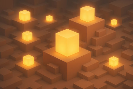 An isometric view of a 3D rendered environment composed of stepped platforms in shades of brown. Several cubes are placed on these platforms, emitting a soft yellow-orange glow. The lighting creates a warm and ethereal atmosphere, with a subtle haze in the background.の素材