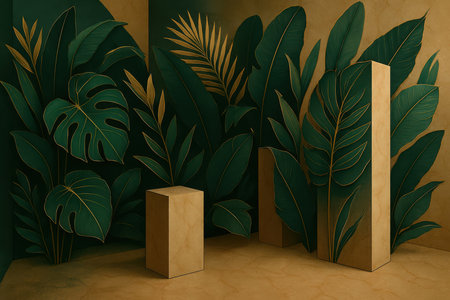 A 3D render depicts a collection of lush green tropical leaves with delicate golden outlines. The leaves are arranged in a dense pattern against a backdrop of varying shades of green and gold. Three light brown wooden pedestals of different heights are placed in the foreground, suggesting a display or presentation setting. The overall aesthetic is sophisticated and natural, with a focus on botanical elements and a luxurious feel.の素材