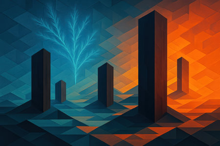 An isometric abstract scene featuring a landscape composed of geometric shapes in shades of teal and orange. Several dark, tall, rectangular monoliths are positioned across the foreground and midground. A glowing, intricate blue fractal tree or branch structure rises from the teal section of the landscape. The composition emphasizes sharp angles and a stark color contrast between the cool blues and warm oranges.の素材