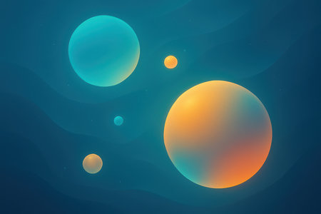 An abstract scene depicts several glowing orbs of varying sizes suspended in a deep blue, wavy environment. The orbs feature smooth gradients transitioning from turquoise to yellow-orange. Subtle, lighter blue wavy lines create a sense of depth and movement in the background, with small specks of light scattered throughout.の素材