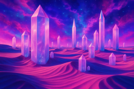 A surreal landscape featuring smooth, wavy sand dunes in shades of pink and purple. Tall, translucent crystal formations with pointed tops are scattered across the terrain, glowing with internal light. The sky above is a vibrant mix of deep blue and swirling pink and purple clouds, dotted with small stars, evoking a cosmic and dreamlike atmosphere.の素材