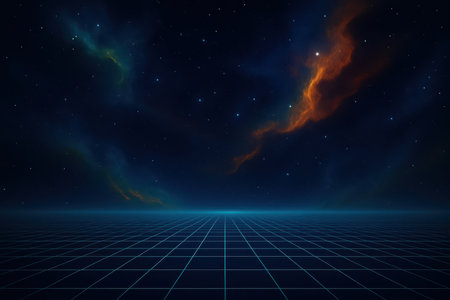 A dark digital space scene features a glowing blue grid floor receding into the distance. Above, a deep blue night sky is filled with countless stars and swirling nebulae in vibrant orange and ethereal blue hues.の素材