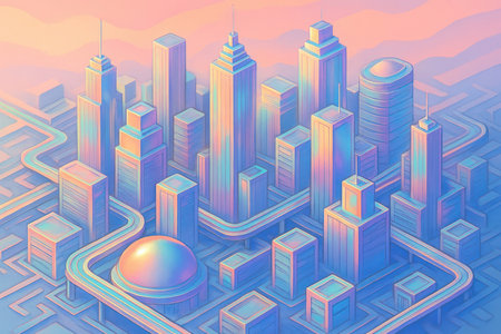 An isometric view of a futuristic cityscape bathed in soft pastel light. Tall, prismatic buildings with smooth, reflective surfaces are arranged amidst a network of elevated pathways and roads. The color palette features a gradient of blues, pinks, oranges, and purples, creating a dreamlike and ethereal atmosphere. A prominent dome structure sits at the center of the urban layout.の素材
