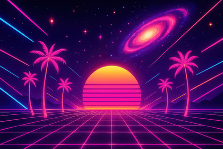 A digital landscape rendered in a retrofuturistic style. A glowing orange and pink striped sun sits on the horizon, casting light across a neon pink grid stretching into the distance. Silhouetted palm trees in vibrant pink stand against a dark purple sky filled with stars and a swirling pink and yellow galaxy. Diagonal neon blue and pink lines streak across the sky, adding to the dynamic, stylized atmosphere.の素材