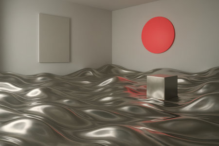 A minimalist interior scene featuring undulating silver liquid waves. A metallic cube rests on the fluid surface. A plain rectangular canvas hangs on the left wall, and a bright red circle is mounted on the right wall.の素材