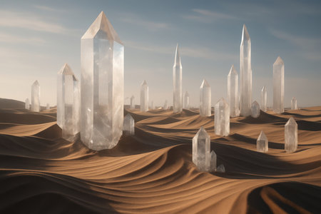 A surreal desert landscape featuring numerous large, transparent quartz crystals of varying sizes emerging from undulating sand dunes. The sand exhibits distinct ripple patterns created by wind. The sky above is a pale blue with subtle cloud formations, and the lighting suggests a soft, diffused daylight, casting gentle shadows.の素材