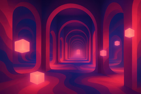 An endless corridor with repeating arches and a wavy floor stretches into the distance, illuminated by a vibrant pink and deep blue color scheme. Glowing pink cubes float in the space, casting soft light. The perspective creates a sense of depth and mystery.の素材