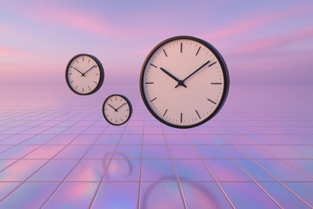 Three minimalist analog clocks with black frames and white faces float in a surreal sky with pastel pink and purple hues. The clocks are positioned at different distances and sizes, creating a sense of depth. Below them is a reflective grid floor with a similar pastel color palette, mirroring the sky and adding to the dreamlike atmosphere.の素材