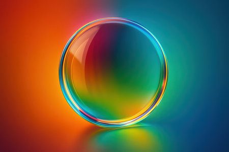 Sphere showing transparent sphere with rainbow gradient reflections on colorful abstract background ball glass. High resolution image suitable for commercial use. Clear details and vibrant colors enhance visual appeal.の素材