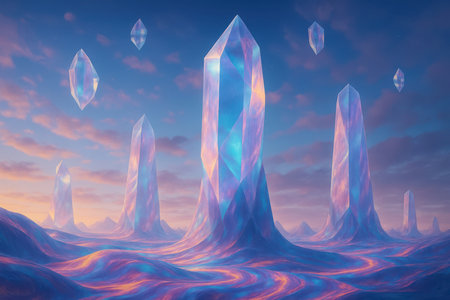 A surreal landscape unfolds under a twilight sky painted with soft pink and orange clouds against a deep blue backdrop. Towering, translucent crystals with sharp facets dominate the scene, reflecting and refracting light in shades of blue, purple, and pink. The ground features flowing, wavy terrain in similar vibrant colors, creating a dreamlike and otherworldly atmosphere.の素材