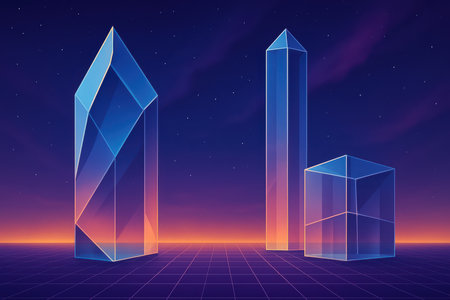 Three translucent geometric glass structures stand on a purple grid floor. The tallest crystal is a tall obelisk shape, the middle is a faceted elongated prism, and the smallest is a cube. The background features a deep blue starry night sky transitioning to a vibrant orange and purple sunset gradient near the horizon.の素材