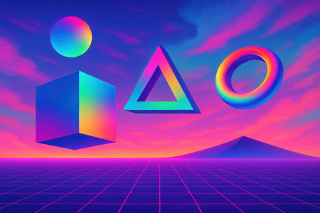 A digital landscape rendered in a vaporwave aesthetic. A neon grid stretches into the distance, meeting a horizon with silhouetted mountains under a vibrant sunset sky filled with pink and purple clouds. Floating above the landscape are three iridescent geometric shapes: a cube, a triangle, and a torus, each displaying a rainbow gradient.の素材