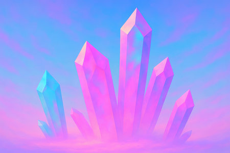A cluster of translucent, faceted crystals in shades of pastel pink and blue rise from a soft, hazy purple cloud layer. The background features a smooth gradient sky transitioning from light blue to a soft pinkish-purple, with subtle wisps of color suggesting clouds or atmospheric effects. The overall aesthetic is reminiscent of vaporwave and dreamlike imagery.の素材