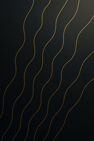 This image features a series of thin, flowing wavy lines in a golden hue set against a dark, subtly gradient background. The lines are arranged diagonally, creating a sense of movement and depth. The color palette is sophisticated and minimalist, with the bright gold contrasting against the deep charcoal and black tones.の素材