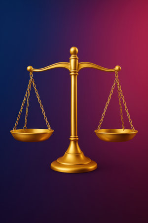 A gleaming golden set of scales of justice stands centered against a smooth gradient background transitioning from deep blue on the left to magenta on the right. The scales are balanced, with both pans at the same level, suspended by delicate golden chains from a central golden pillar and beam. The metallic surface of the scales reflects light, highlighting its polished texture and intricate design.の素材