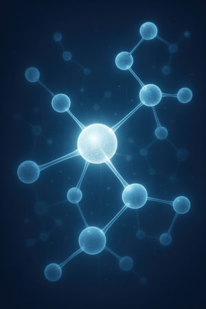 A glowing blue molecular structure is depicted against a dark blue background. The structure consists of interconnected spheres representing atoms, linked by thin lines representing chemical bonds. The central sphere is brighter and emits light, illuminating the surrounding structure. Smaller, less distinct molecular formations are visible in the background.の素材