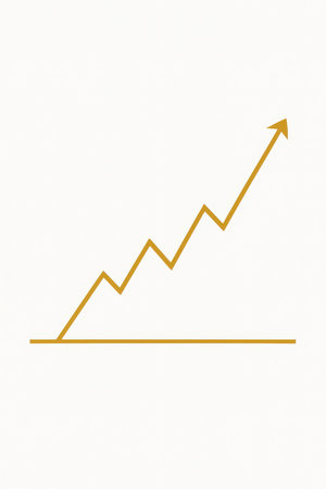 A clean, abstract silhouette of a golden line graph trending upwards. The graph begins on a horizontal line and features several sharp peaks and valleys before culminating in an upward-pointing arrow. The background is a plain, light color.の素材