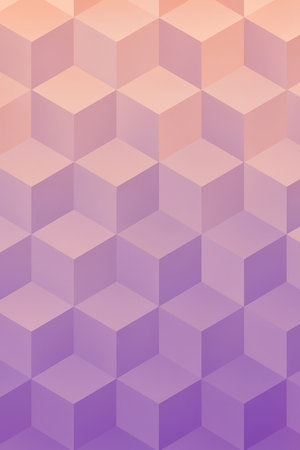 A repeating pattern of isometric cubes with a smooth gradient transition from a soft peach color at the top to a light lavender purple at the bottom. The cubes are arranged in a honeycomb-like structure, creating a sense of depth and dimension.の素材
