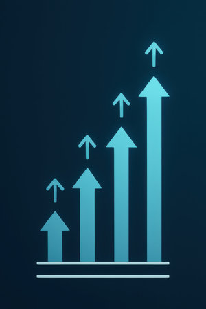 A minimalist graphic featuring a series of blue arrows of increasing size pointing upwards against a dark blue background. The arrows are arranged in a stepped pattern, suggesting growth or progress. A subtle gradient is applied to the arrows, giving them a luminous quality.の素材
