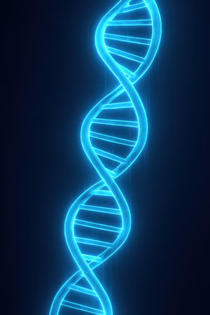 A vibrant neon blue double helix structure glows against a deep dark background. The iconic DNA spiral is rendered with a luminous effect, showcasing its intricate structure with clear lines and a subtle glow. The composition is clean and focused, highlighting the scientific symbol.の素材