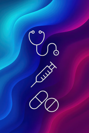 A digital graphic features medical icons including a stethoscope syringe and pills against a vibrant abstract background. The background displays smooth wavy gradients transitioning from deep blue to bright pink and purple hues. The icons are rendered in a clean white outline style.の素材