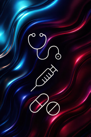 A dark background features abstract, flowing waves of blue and red light. Overlaid on this vibrant background are white outline icons representing medical symbols: a stethoscope, a syringe, and two pills, one oval and one round with a line through it.の素材