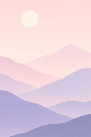 A minimalist landscape featuring rolling hills rendered in soft pastel shades of purple, pink, and lavender. A pale yellow sun is visible in the upper left corner against a gradient sky transitioning from pale pink to a lighter hue. The composition is clean and smooth, creating a serene and tranquil atmosphere.の素材