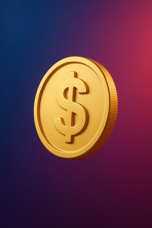 A single, polished gold coin with a raised dollar sign is depicted floating against a smooth gradient background transitioning from deep blue to a reddish-purple hue. The coin is angled, showcasing its textured edge and the prominent, three-dimensional dollar symbol on its face.の素材
