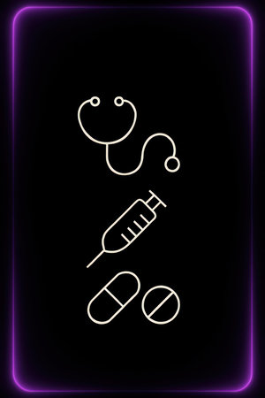 Stethoscope and pills icon. Vector illustration on black background.の素材