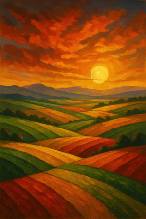 This oil painting depicts rolling hills with alternating bands of green, yellow, orange, and red, suggesting cultivated fields. The sun, a bright yellow orb, is positioned high in a sky filled with dramatic, textured orange and red clouds. Distant blue-grey mountains form the horizon line. The overall impression is a stylized, warm, and vibrant depiction of a rural landscape at sunset.の素材