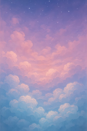 A vertical view of a sky filled with soft, fluffy clouds. The clouds transition from a gentle blue at the bottom to a warm pink and then a deep purple at the top. Small white stars are scattered across the upper portion of the image, suggesting a twilight or early night sky.の素材