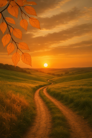 A winding dirt path curves through rolling green and golden fields under a warm orange sunset sky. A branch with bright orange autumn leaves is visible in the upper left corner, framing the scene. The sun is a bright orb on the horizon, casting a warm glow over the landscape.の素材