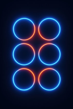 Six luminous rings are arranged in a symmetrical pattern of two columns and three rows against a deep dark background. The rings alternate in color, with the top and bottom rows featuring orange glowing circles, and the middle row showcasing blue glowing circles. The neon light creates a vibrant, ethereal effect with a soft glow emanating from each ring.の素材
