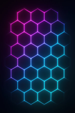 A dark background features a repeating pattern of interconnected hexagons. The edges of the hexagons are illuminated with a gradient of neon light, transitioning from vibrant pink on the left to bright cyan on the right. The overall effect is a luminous, geometric design with a futuristic feel.の素材
