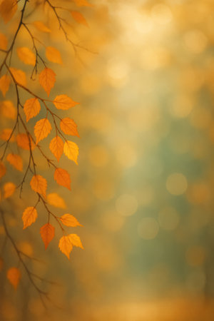 A close-up view of a tree branch adorned with numerous small, ovate leaves in shades of golden yellow and orange. The leaves are detailed with visible veins and serrated edges. The branch itself is thin and dark brown. The background is a soft, blurred expanse of warm golden and muted green tones, with prominent circular bokeh lights scattered throughout, creating a dreamy and atmospheric effect.の素材