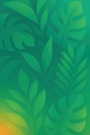 A collection of various green tropical leaves are layered against a smooth gradient background that transitions from a bright yellow-orange at the bottom left to a deep emerald green at the top right. The leaves are depicted in a stylized, illustrative manner with soft shading.の素材