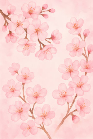 Clusters of delicate pink cherry blossoms with visible stamens are depicted on thin brown branches. The petals have a soft watercolor texture, with some buds also present. The background is a light, soft pink with subtle watercolor washes, creating a gentle and airy feel.の素材