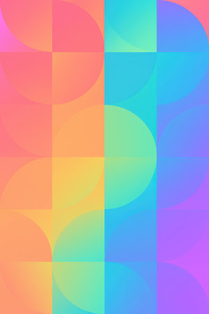A geometric pattern of overlapping circles with smooth pastel color gradients. The colors transition from pink and orange on the left to yellow, green, blue, and purple on the right, creating a soft and vibrant abstract background.の素材