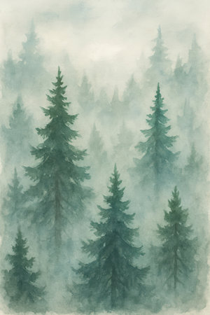 Watercolor showing hand painted watercolor evergreen forest in soft morning mist trees pine. High resolution image suitable for commercial use. Clear details and vibrant colors enhance visual appeal.の素材