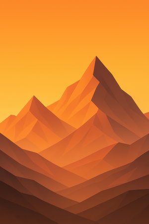 Abstract geometric mountain peaks rendered in a warm gradient of orange and brown hues. The sharp, angular shapes create a layered landscape effect against a smooth, gradient sky. The composition suggests a stylized mountain range at sunrise or sunset.の素材