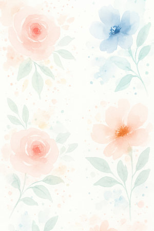A delicate watercolor arrangement features soft peach roses and light blue flowers with green leaves. Scattered paint splatters in peach, blue, and pink add an artistic touch to the light background.の素材