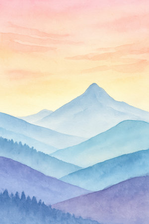 A watercolor painting depicts a layered mountain landscape. The sky transitions from soft pink at the top to yellow and then a pale blue. Multiple mountain ranges recede into the distance, rendered in varying shades of blue and purple, with a misty, atmospheric effect. The foreground features darker blue and purple hills with stylized evergreen trees.の素材
