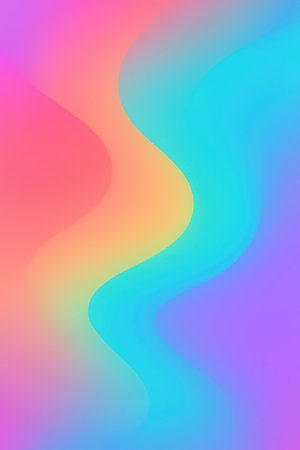 A vertical abstract background featuring smooth, flowing waves of color. The gradient transitions from pink and orange on the left to turquoise and purple on the right, creating a soft and vibrant visual.の素材