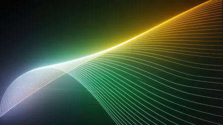 A dark background with flowing lines of light that transition from blue and white on the left to yellow and green on the right, creating a dynamic gradient effect.の素材