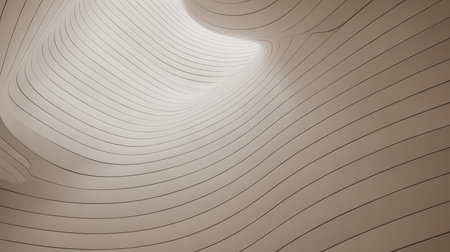 Abstract beige and white surface with flowing curved lines creating a tunnel effect. Subtle gradient and soft lighting.の素材
