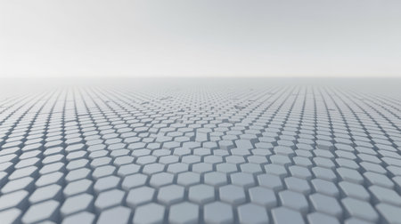 An abstract background features a light blue hexagonal grid pattern that recedes into a hazy white horizon. The geometric shapes are uniform with subtle variations in height and shadow.の素材