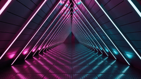 A triangular tunnel with pink and teal neon lights illuminating the dark interior. The floor is reflective, showing a pattern of light reflections.の素材